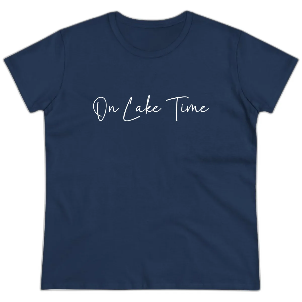 On Lake Time Script Design Ladies Tee in Navy