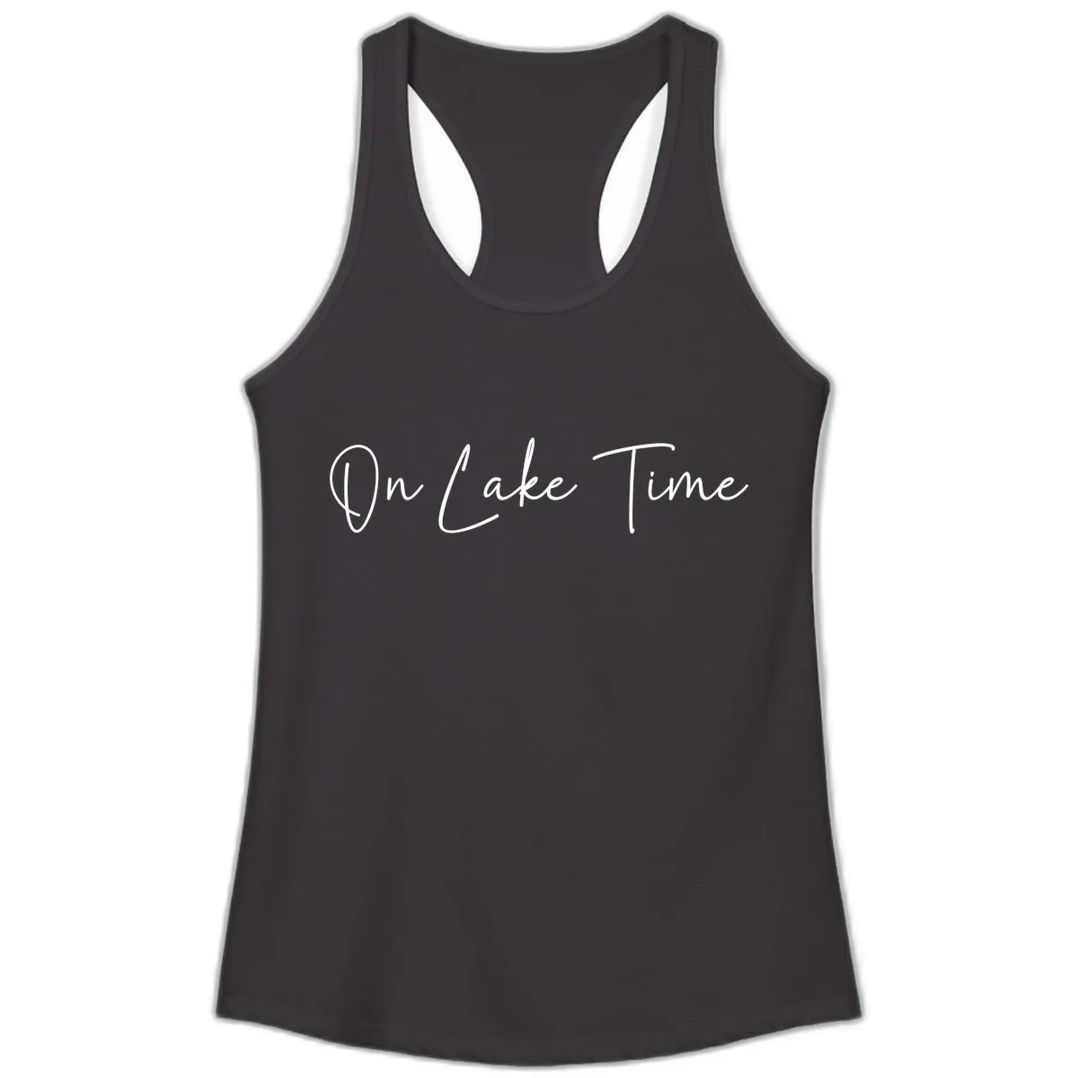 On Lake Time Script Design Ladies Tank in Black