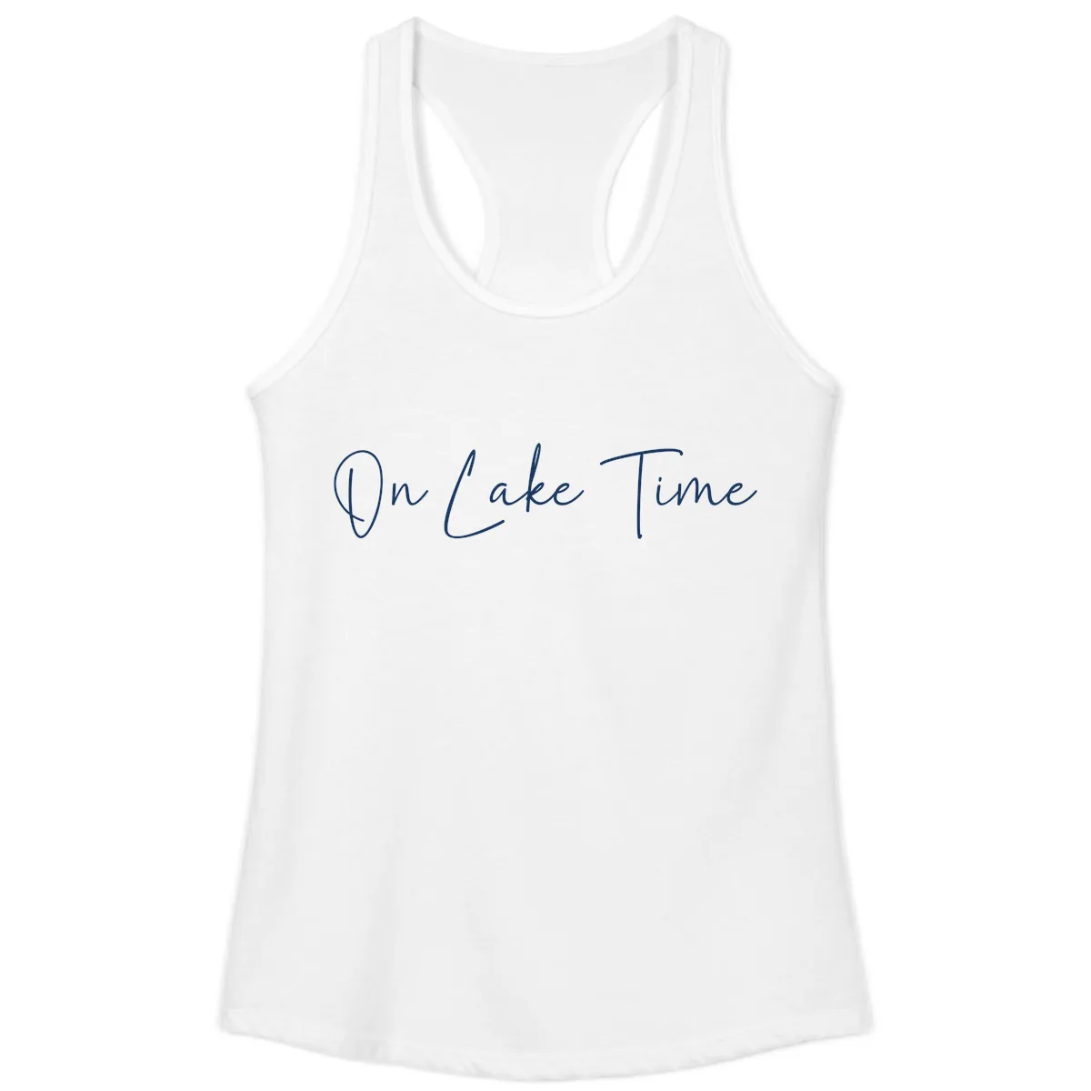 On Lake Time Script Design Ladies Tank in White