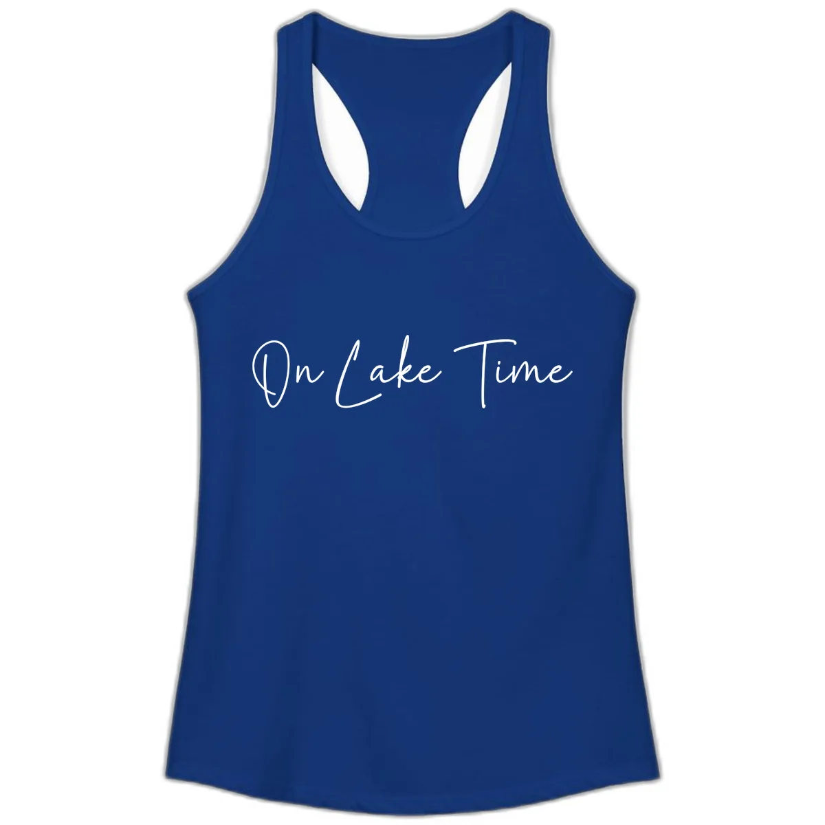 On Lake Time Script Design Ladies Tank in Solid Royal