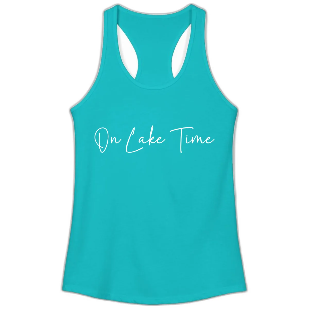 On Lake Time Script Design Ladies Tank in Tahiti Blue