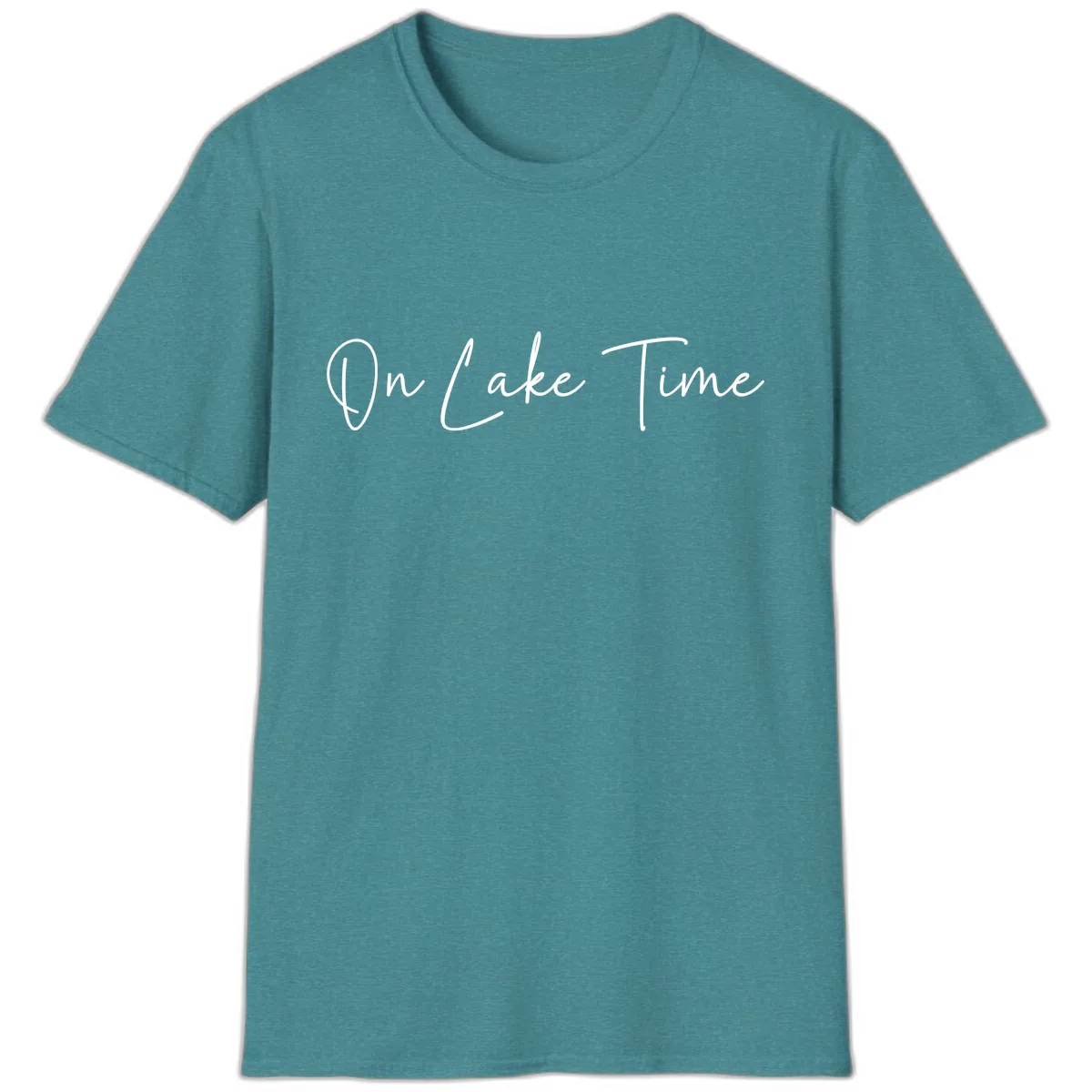 On Lake Time Script Design T-Shirt in Heather Galapagos Blue
