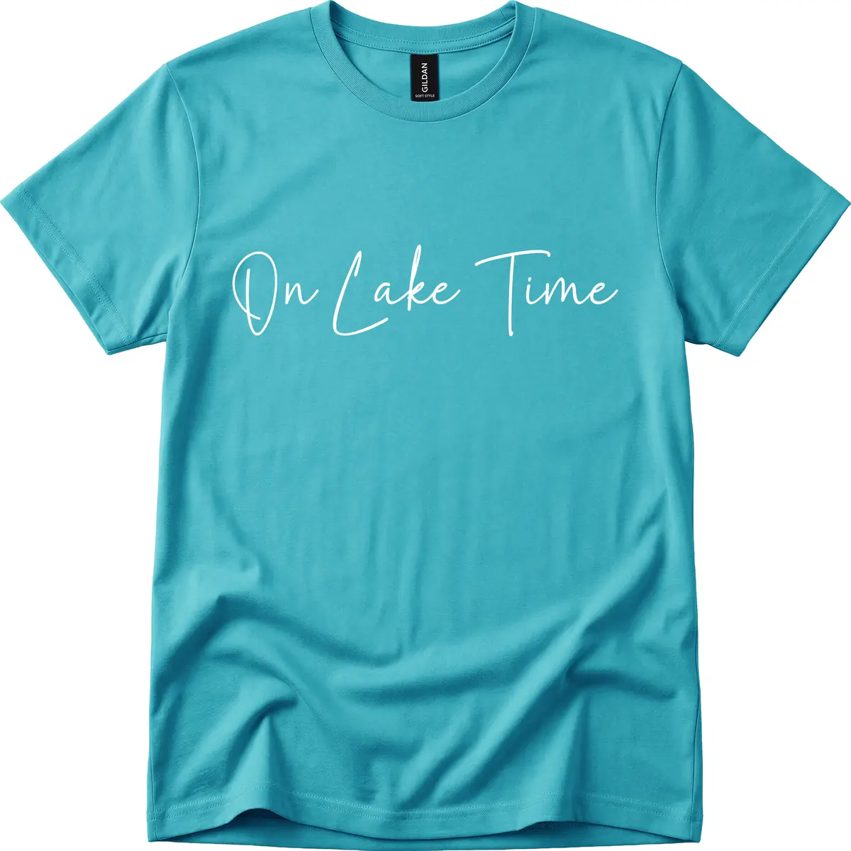 On Lake Time Script Design T-Shirt in Tropical Blue