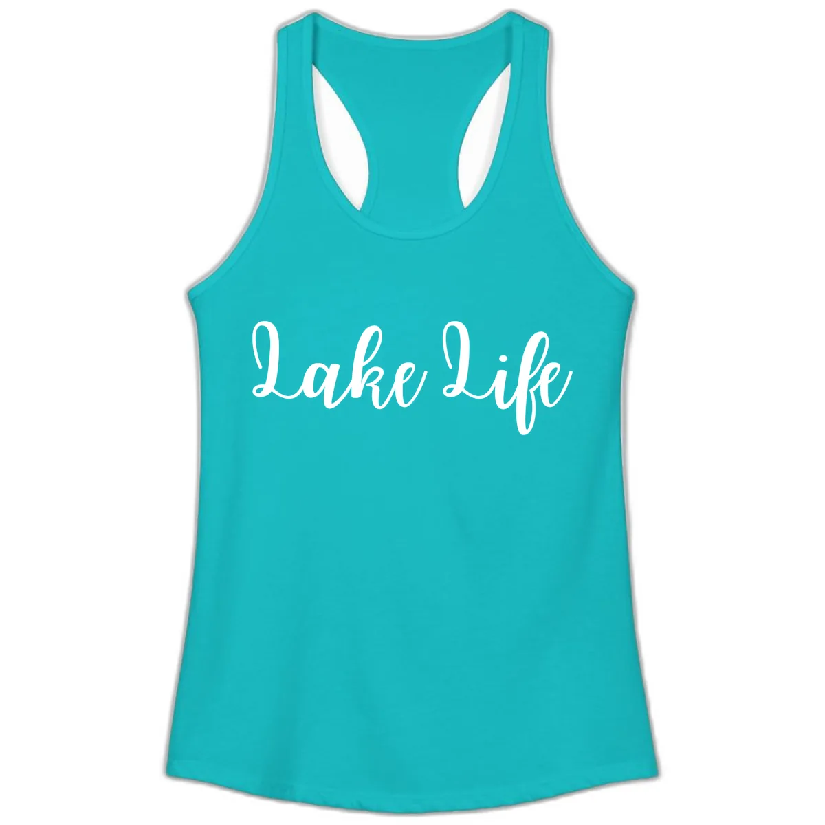 Lake Life Script Design Ladies Tank in Tahiti Blue