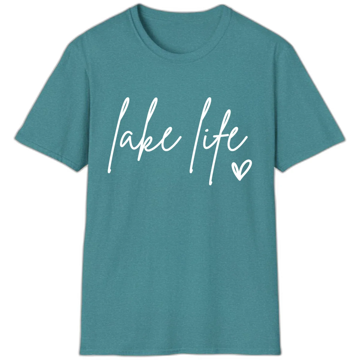 Lake Life Script Design T-Shirt in Heather Galapagos Blue