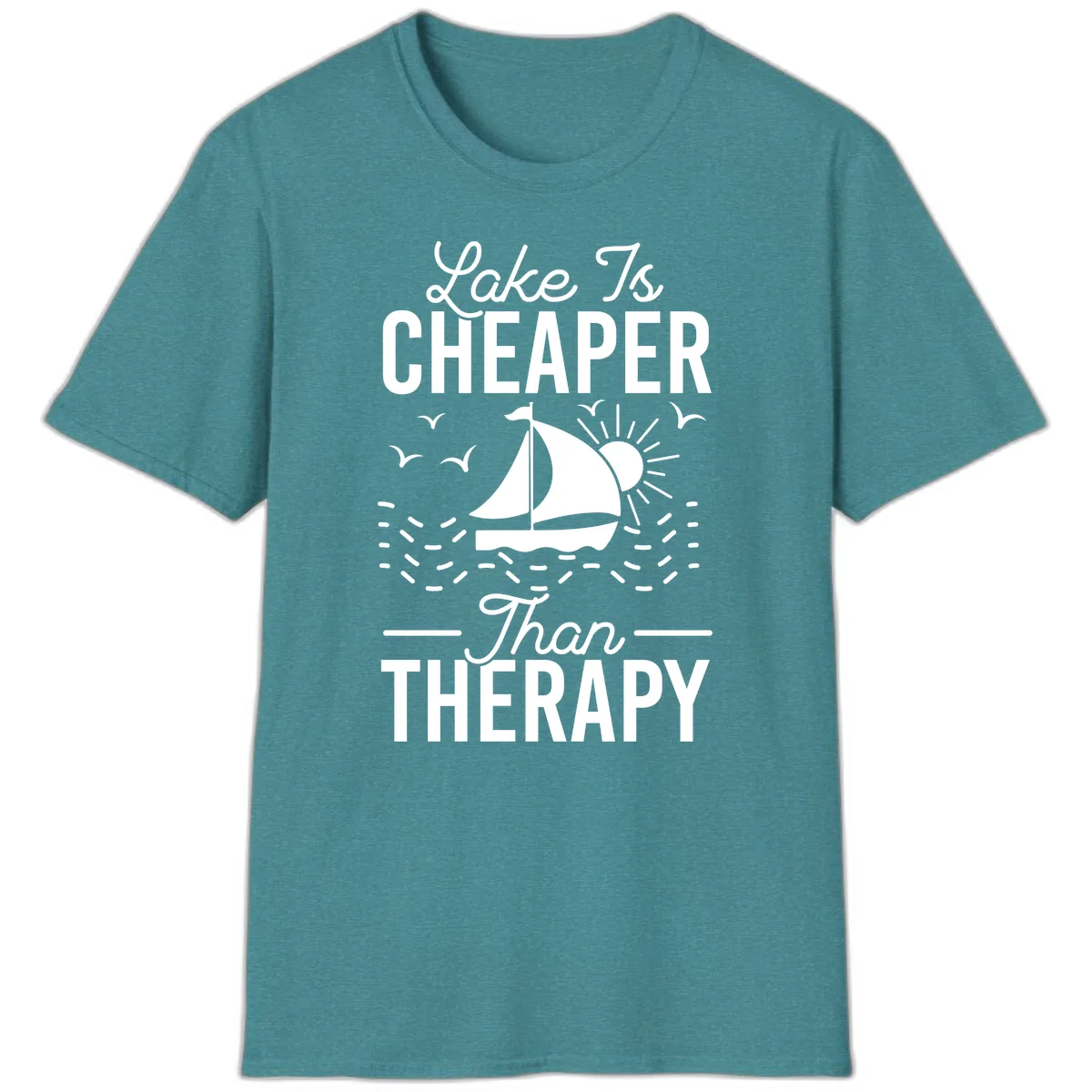 Lake Is Cheaper Than Therapy T-Shirt in Heather Galapagos Blue
