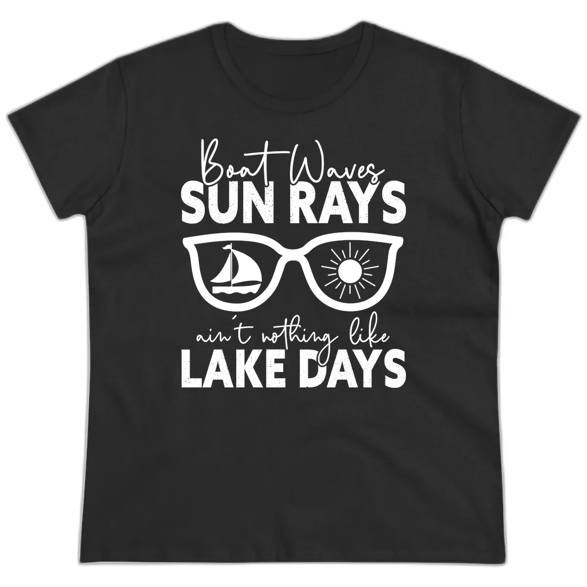Boat Waves Sun Rays Lake Days Ladies Tee in Black