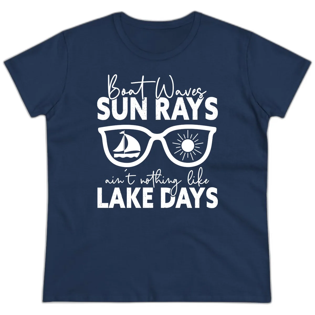 Boat Waves Sun Rays Lake Days Ladies Tee in Navy