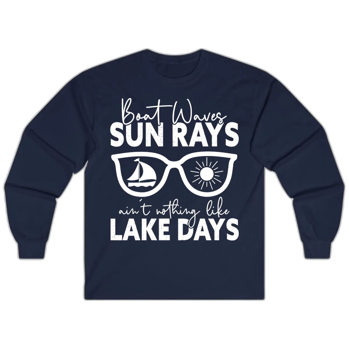 Boat Waves Sun Rays Lake Days Long Sleeve in Navy