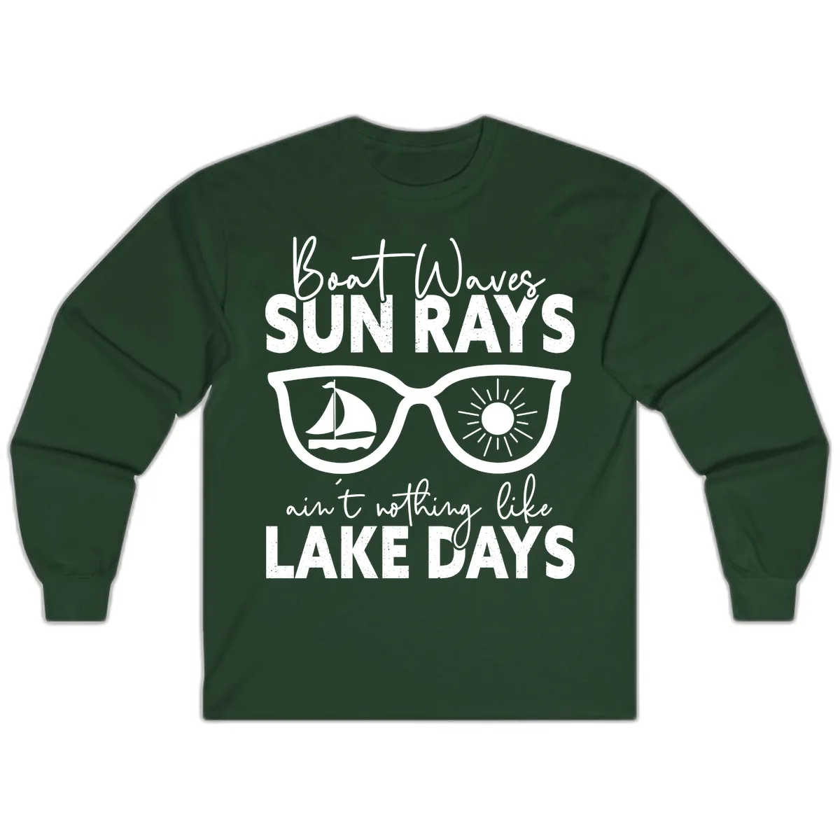 Boat Waves Sun Rays Lake Days Long Sleeve in Forest Green