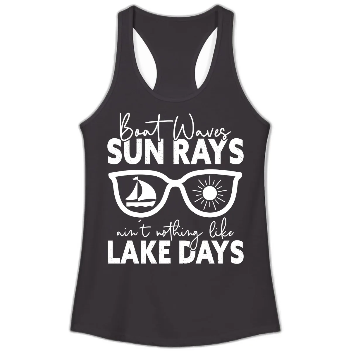 Boat Waves Sun Rays Lake Days Ladies Tank in Black
