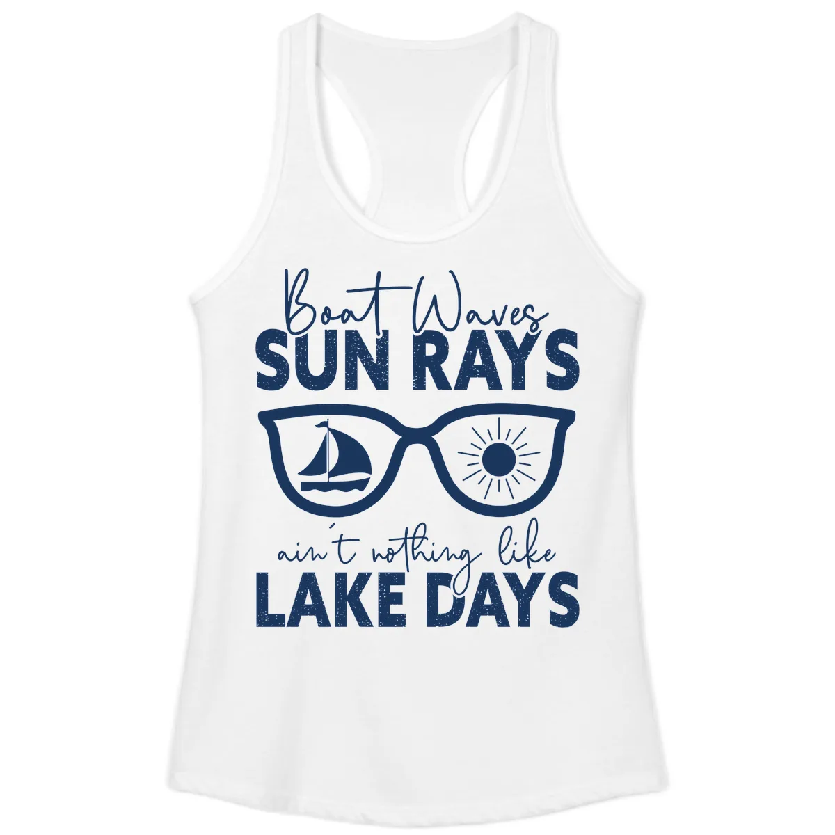 Boat Waves Sun Rays Lake Days Ladies Tank in White