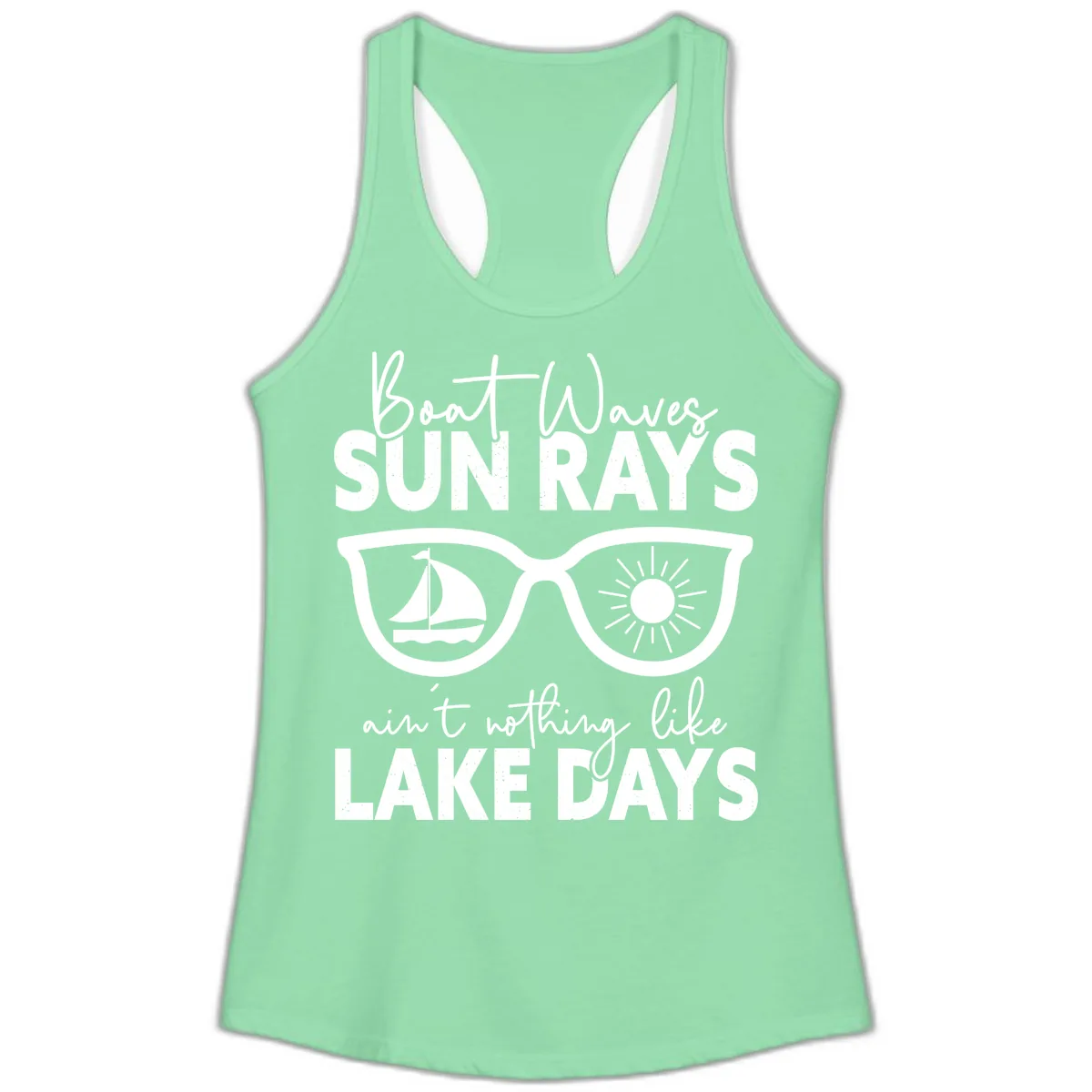 Boat Waves Sun Rays Lake Days Ladies Tank in Solid Mint