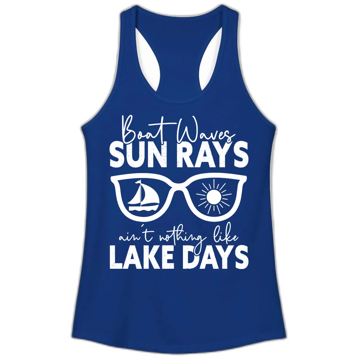 Boat Waves Sun Rays Lake Days Ladies Tank in Solid Royal