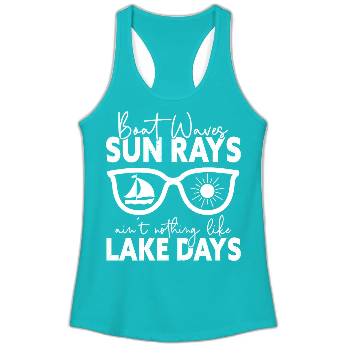 Boat Waves Sun Rays Lake Days Ladies Tank in Tahiti Blue