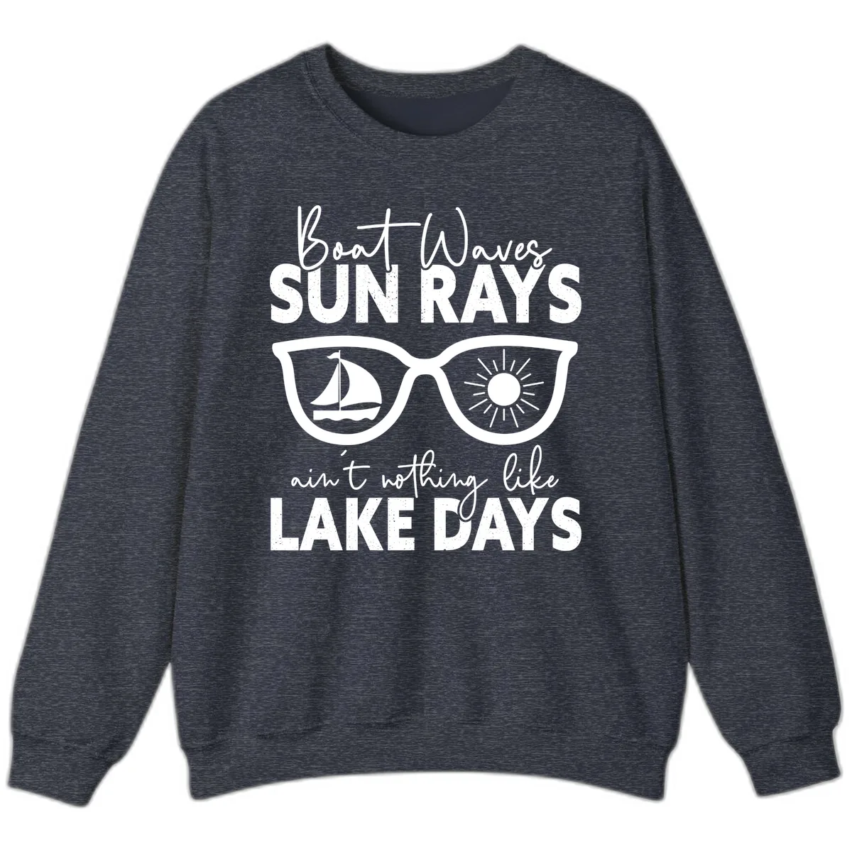 Boat Waves Sun Rays Lake Days Sweatshirt in Heather Sport Dark Navy