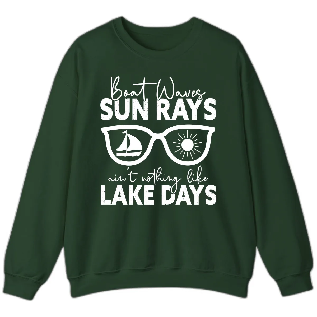 Boat Waves Sun Rays Lake Days Sweatshirt in Forest Green