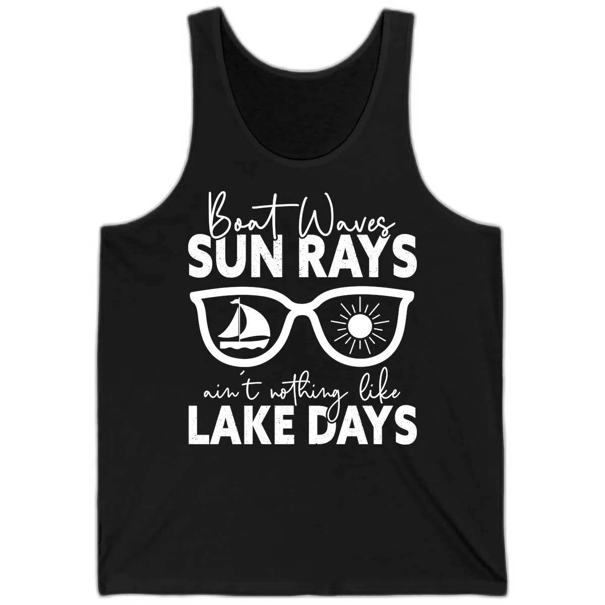 Boat Waves Sun Rays Lake Days Tank in Black