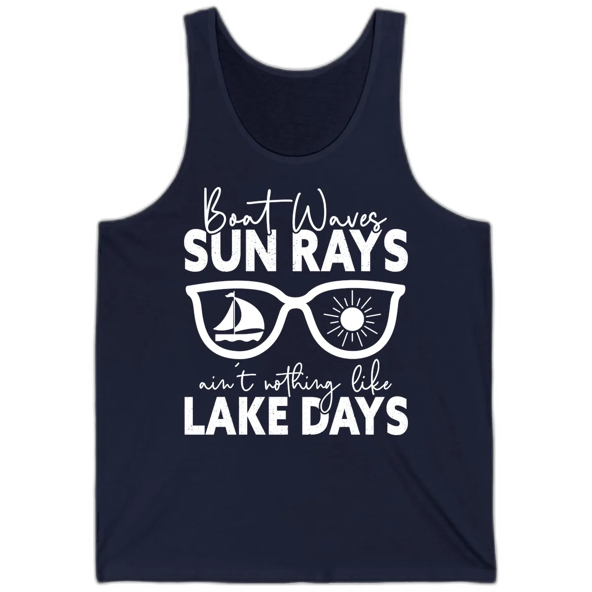 Boat Waves Sun Rays Lake Days Tank in Navy