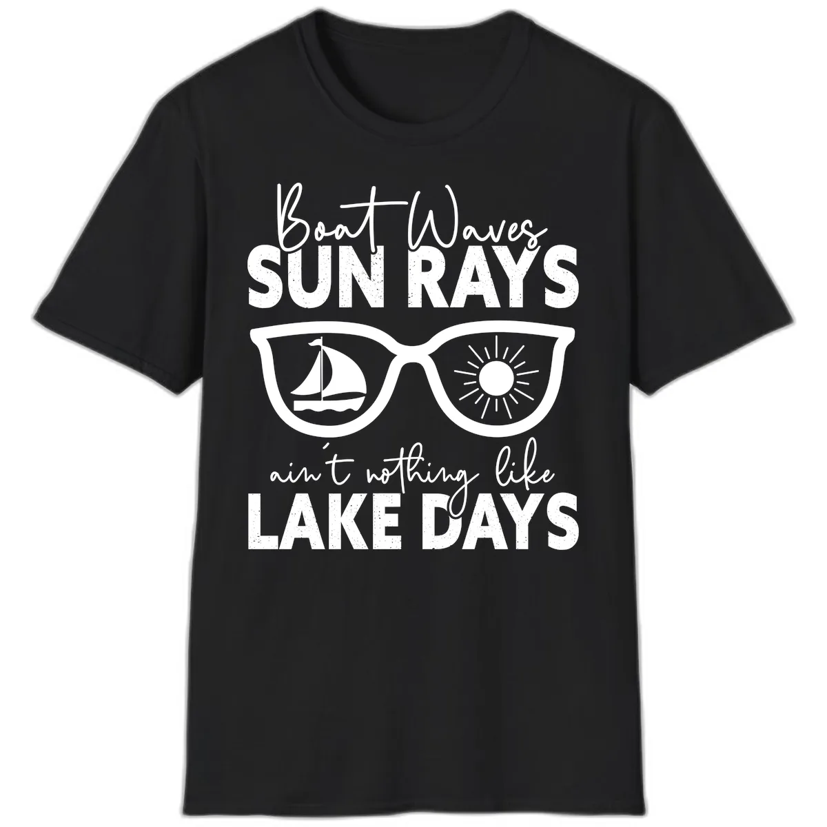 Boat Waves Sun Rays Lake Days T-Shirt in Black
