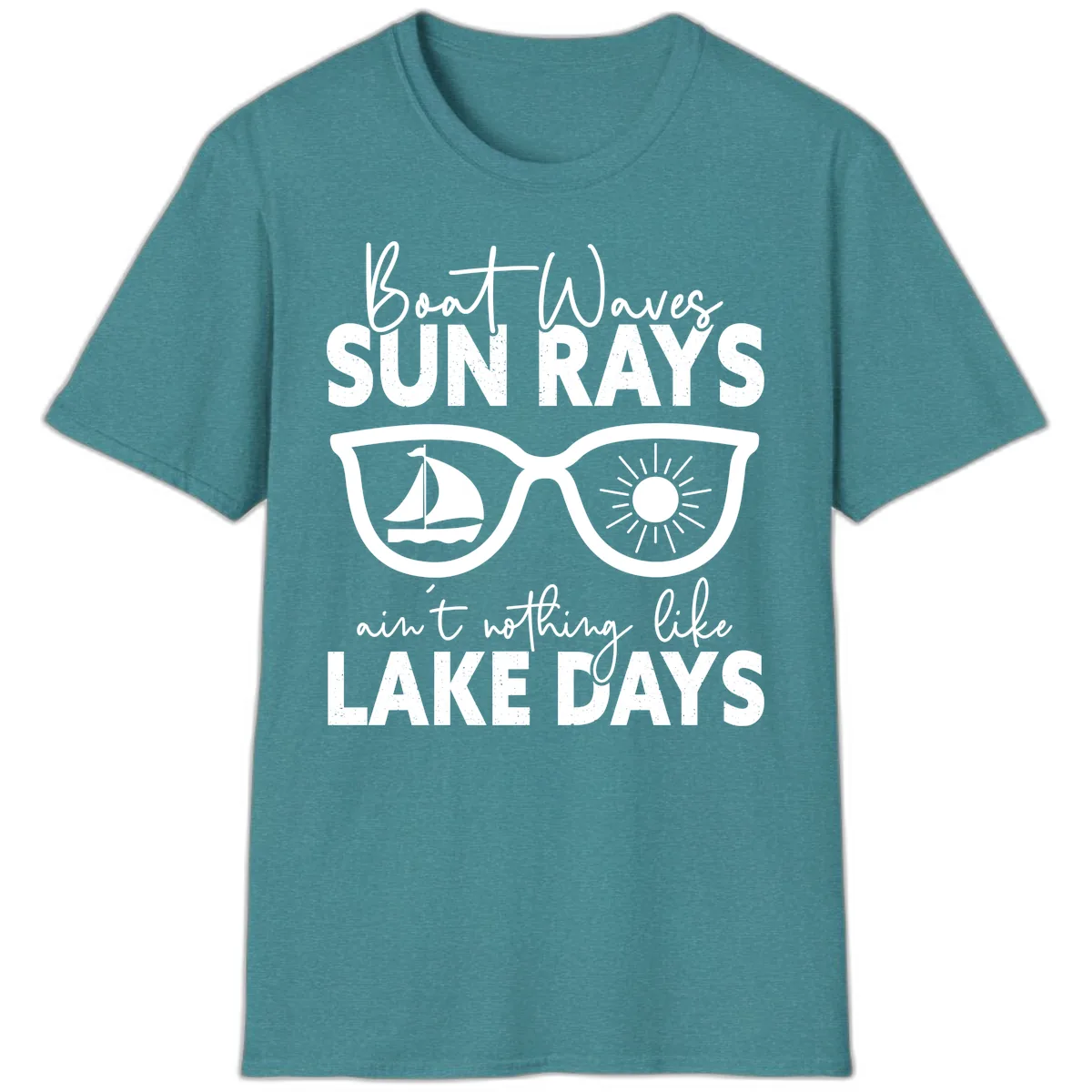 Boat Waves Sun Rays Lake Days T-Shirt in Heather Galapagos Blue