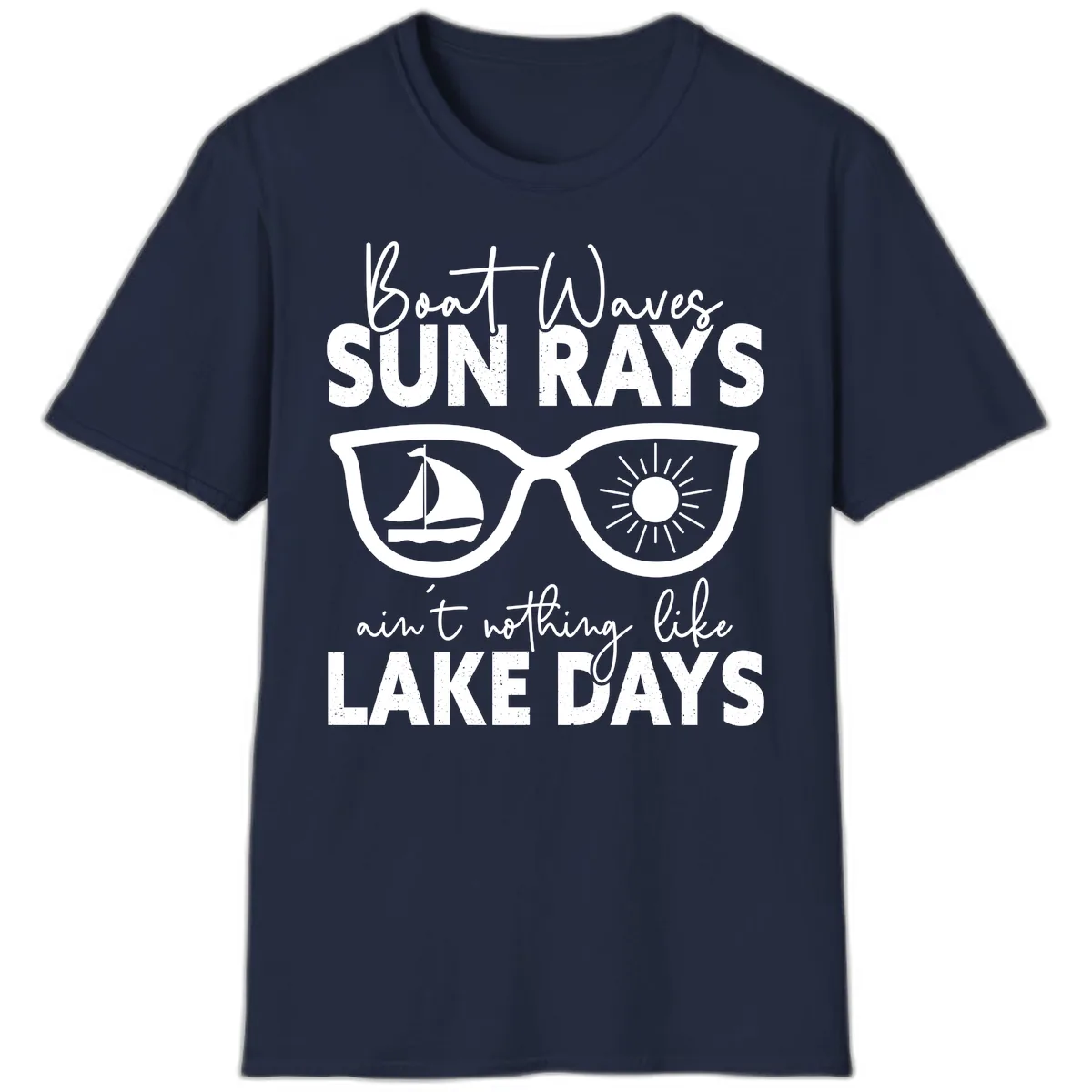 Boat Waves Sun Rays Lake Days T-Shirt in Navy