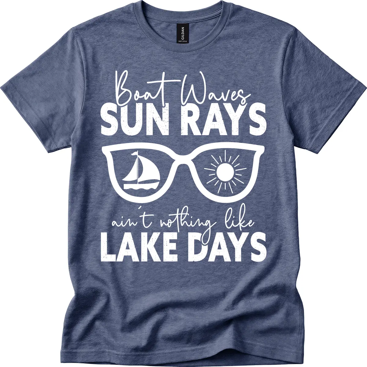 Boat Waves Sun Rays Lake Days T-Shirt in Heather Navy