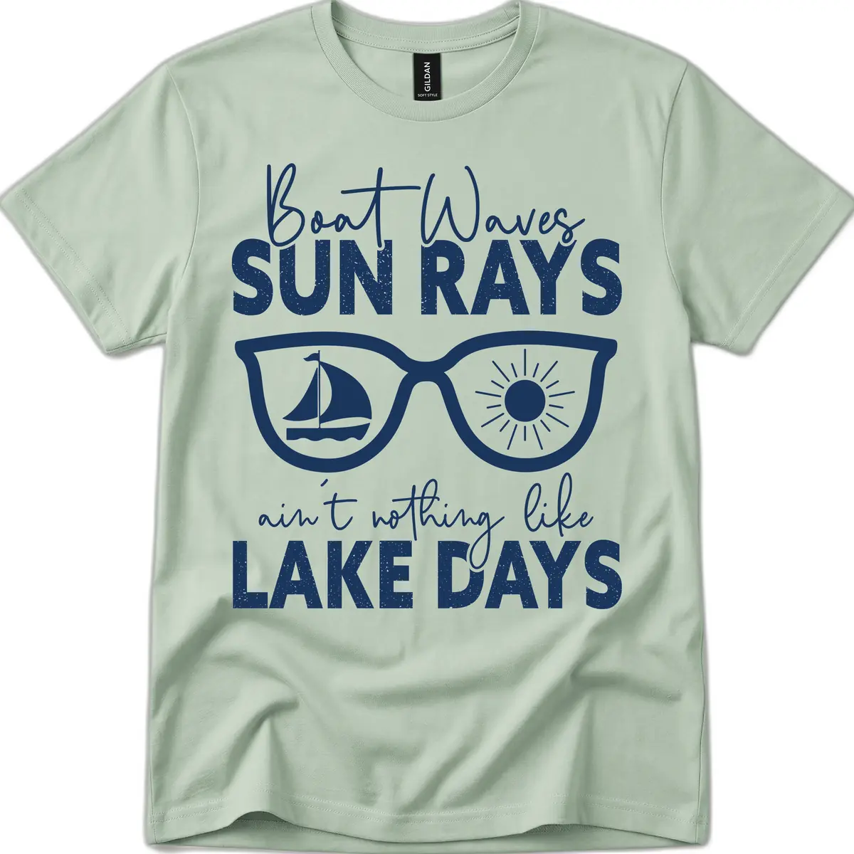 Boat Waves Sun Rays Lake Days T-Shirt in Sage