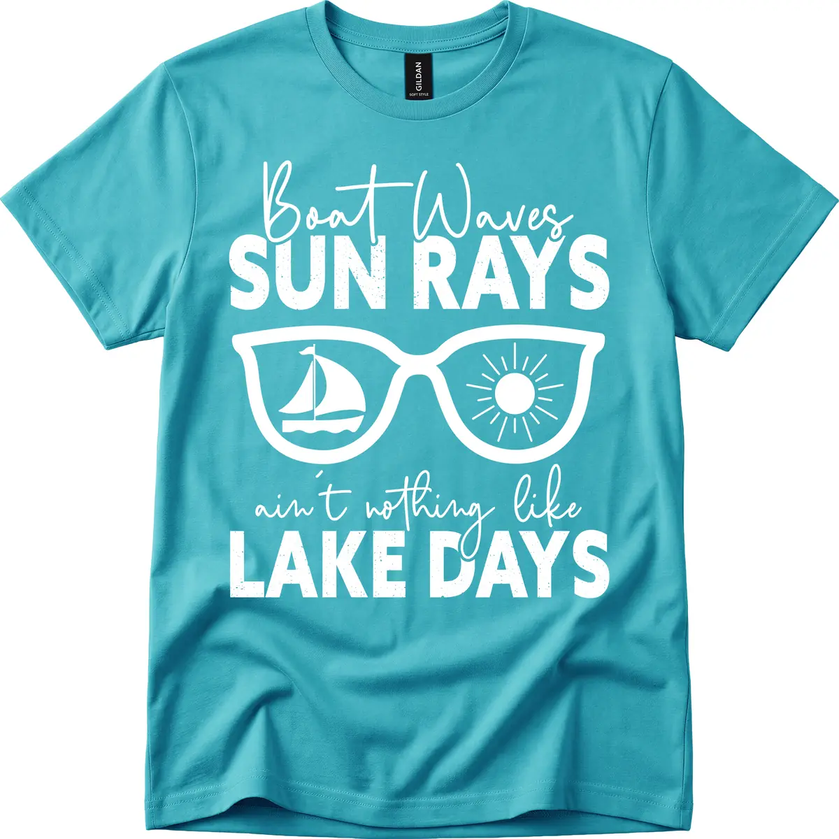 Boat Waves Sun Rays Lake Days T-Shirt in Tropical Blue