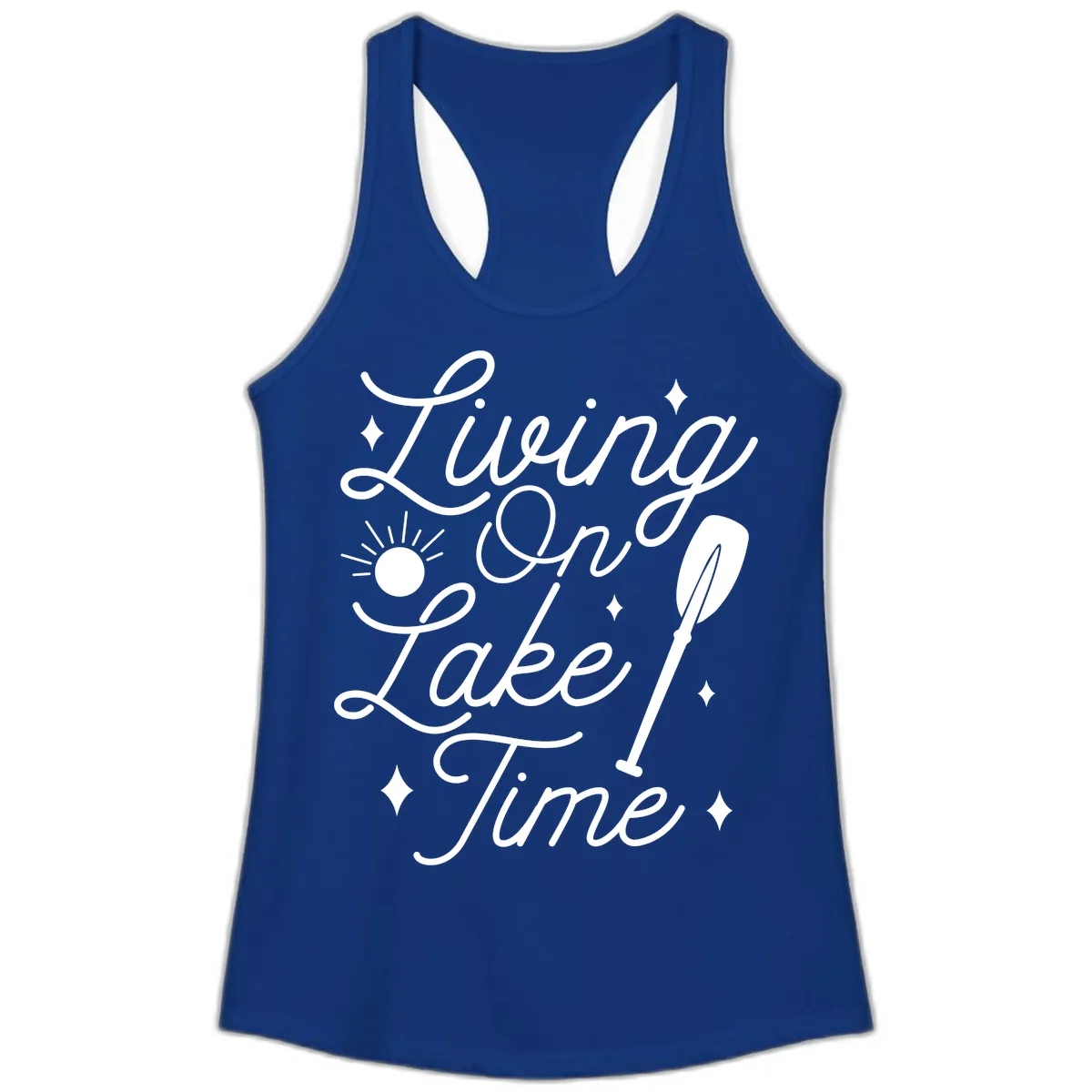 Living On Lake Time Ladies Tank in Solid Royal