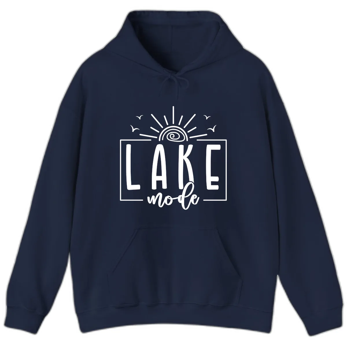 Lake Mode Sun and Birds Design Hoodie in Navy
