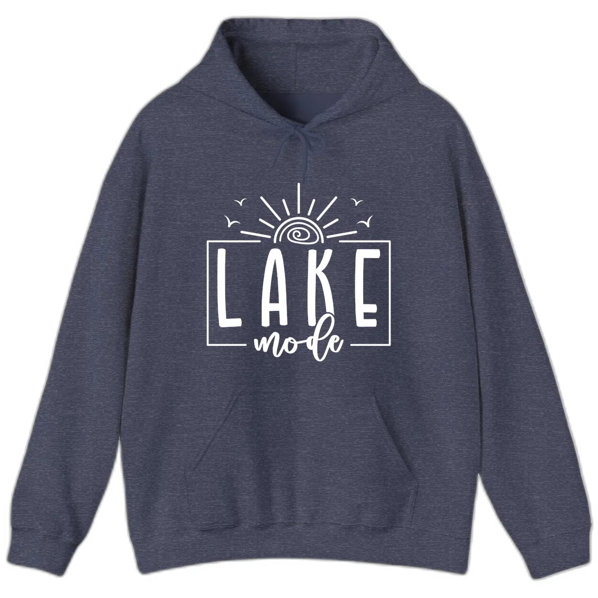 Lake Mode Sun and Birds Design Hoodie in Heather Sport Dark Navy