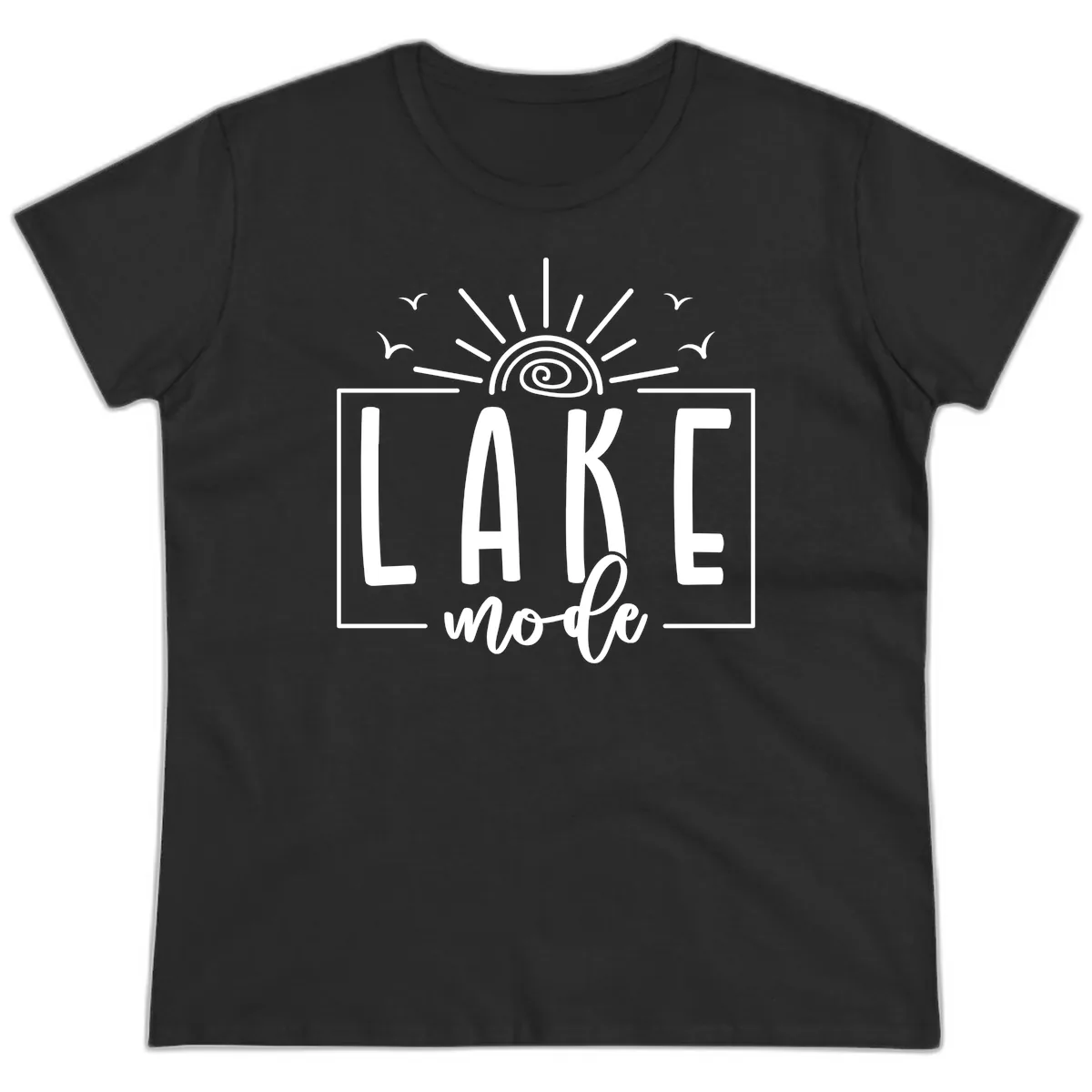 Lake Mode Sun and Birds Design Ladies Tee in Black