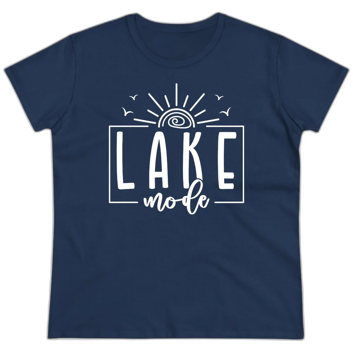 Lake Mode Sun and Birds Design Ladies Tee in Navy