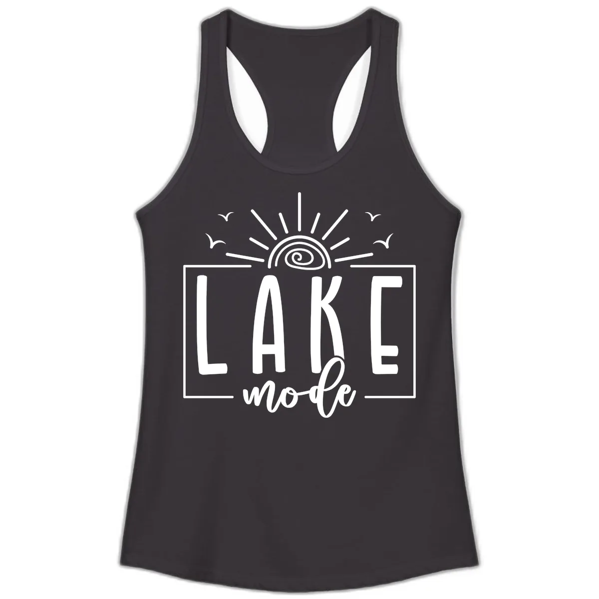 Lake Mode Sun and Birds Design Ladies Tank in Black