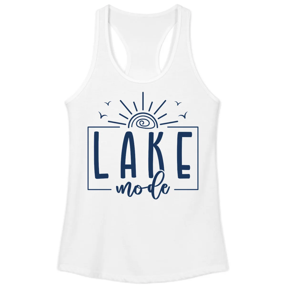 Lake Mode Sun and Birds Design Ladies Tank in White