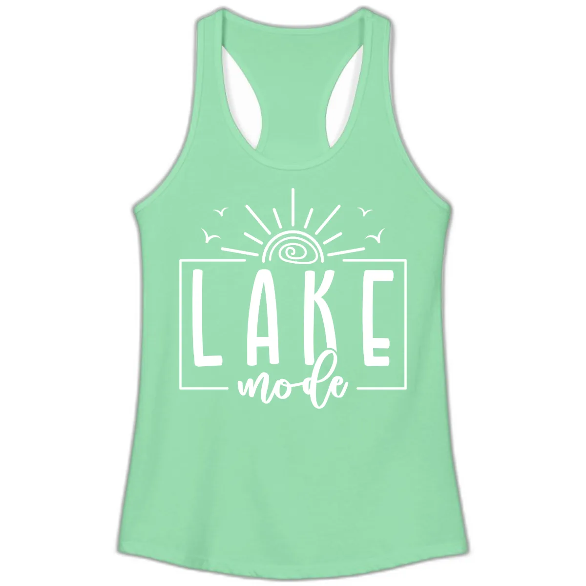 Lake Mode Sun and Birds Design Ladies Tank in Solid Mint