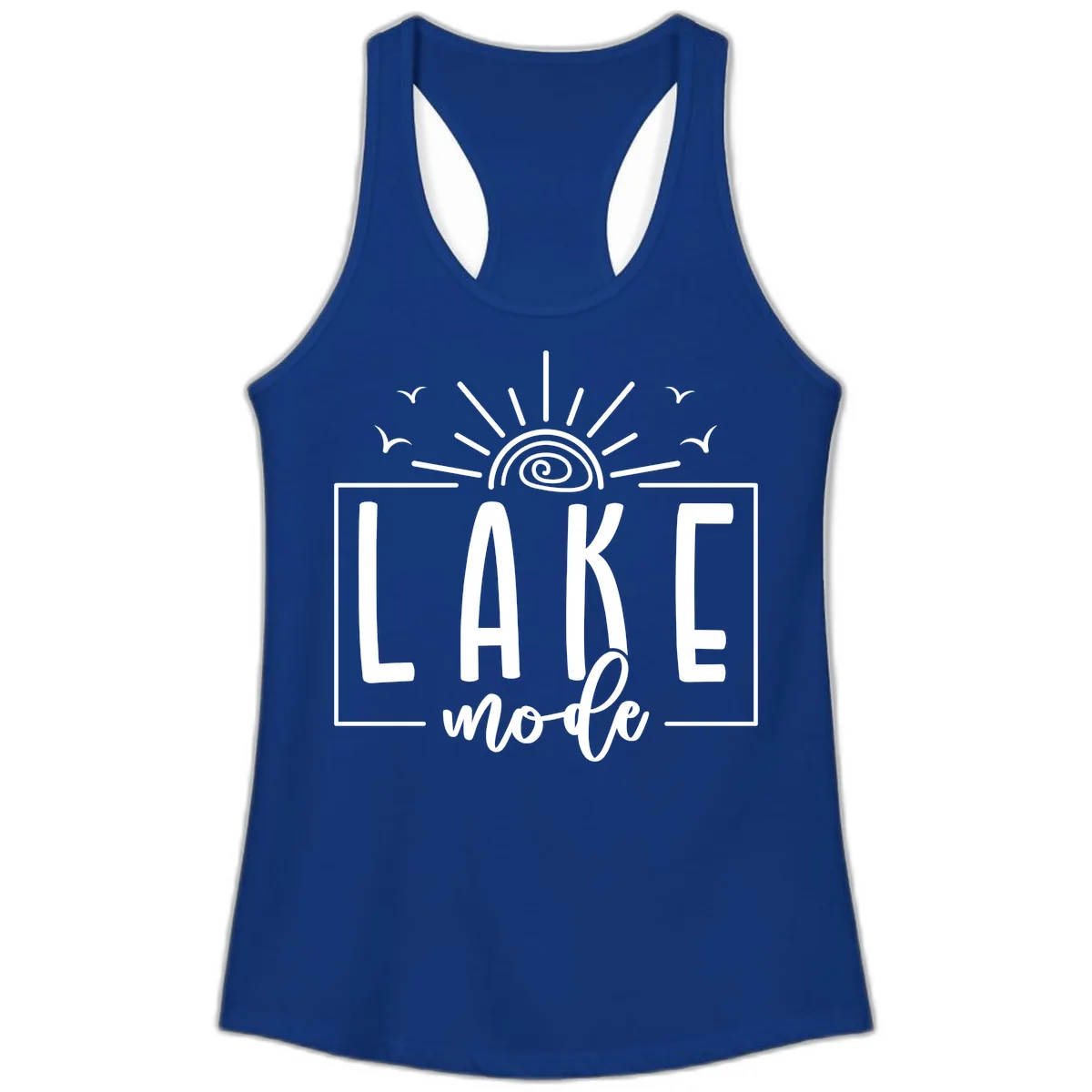 Lake Mode Sun and Birds Design Ladies Tank in Solid Royal
