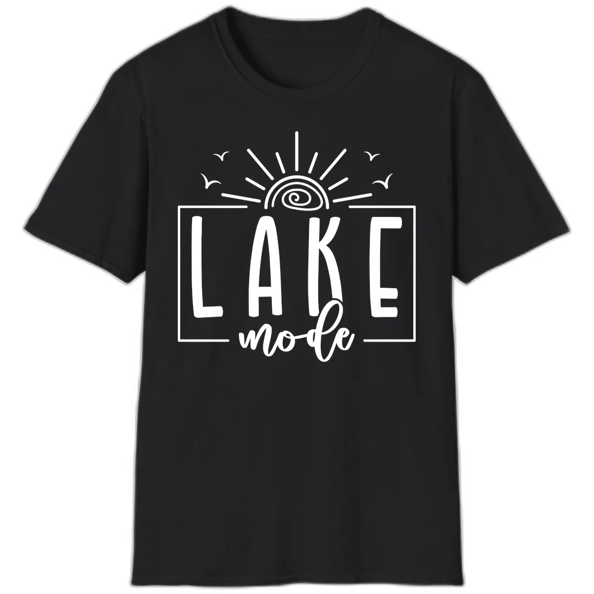 Lake Mode Sun and Birds Design T-Shirt in Black