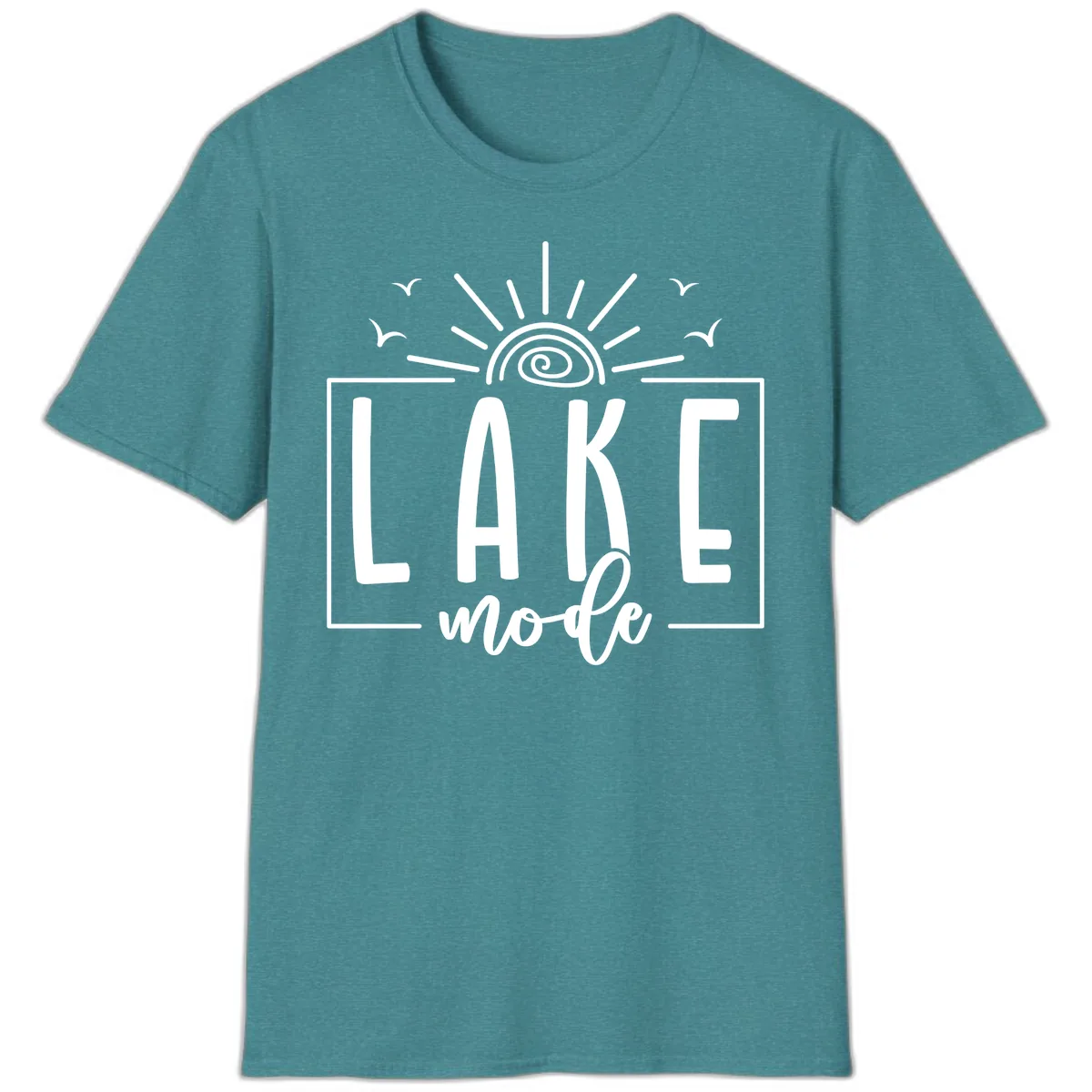 Lake Mode Sun and Birds Design T-Shirt in Heather Galapagos Blue