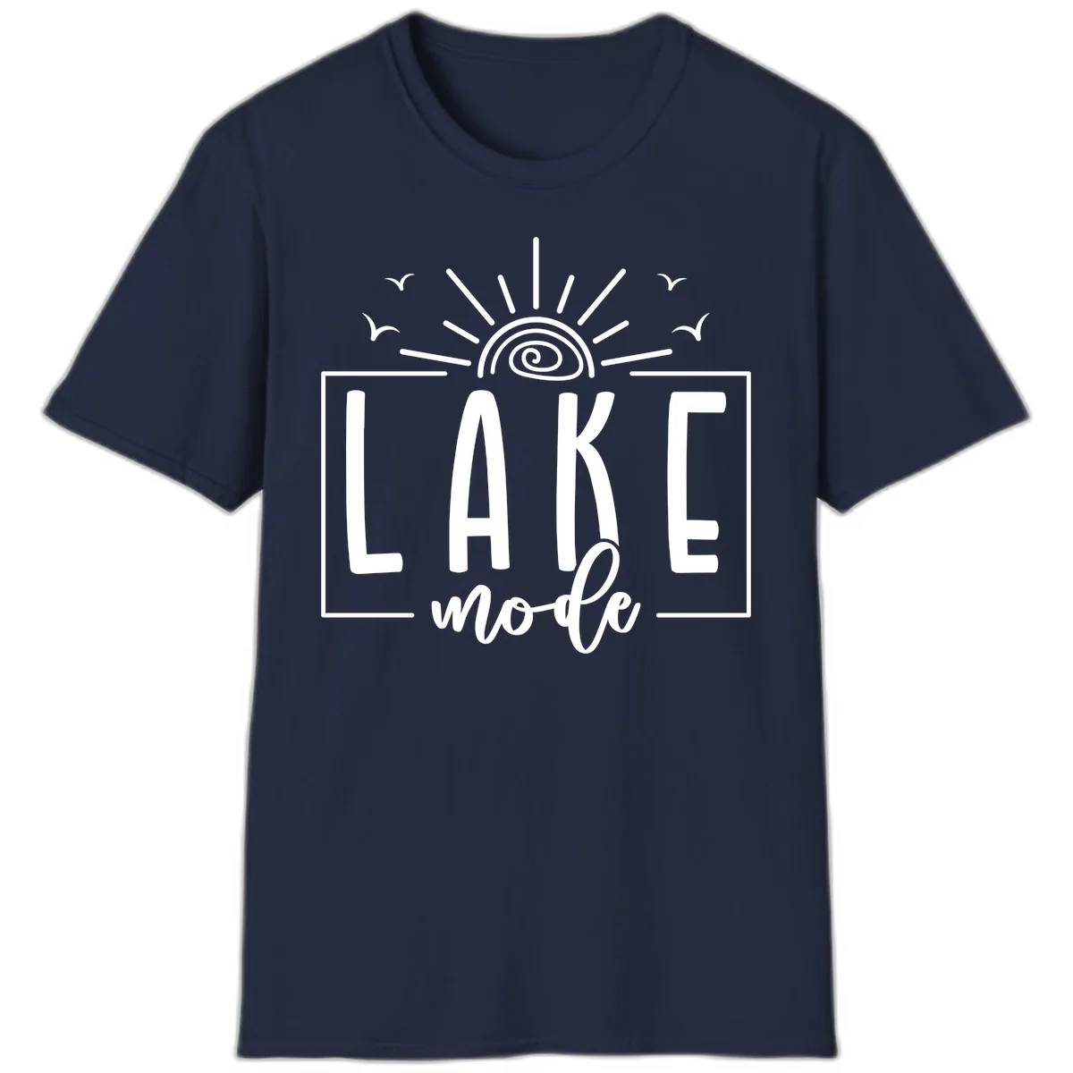 Lake Mode Sun and Birds Design T-Shirt in Navy