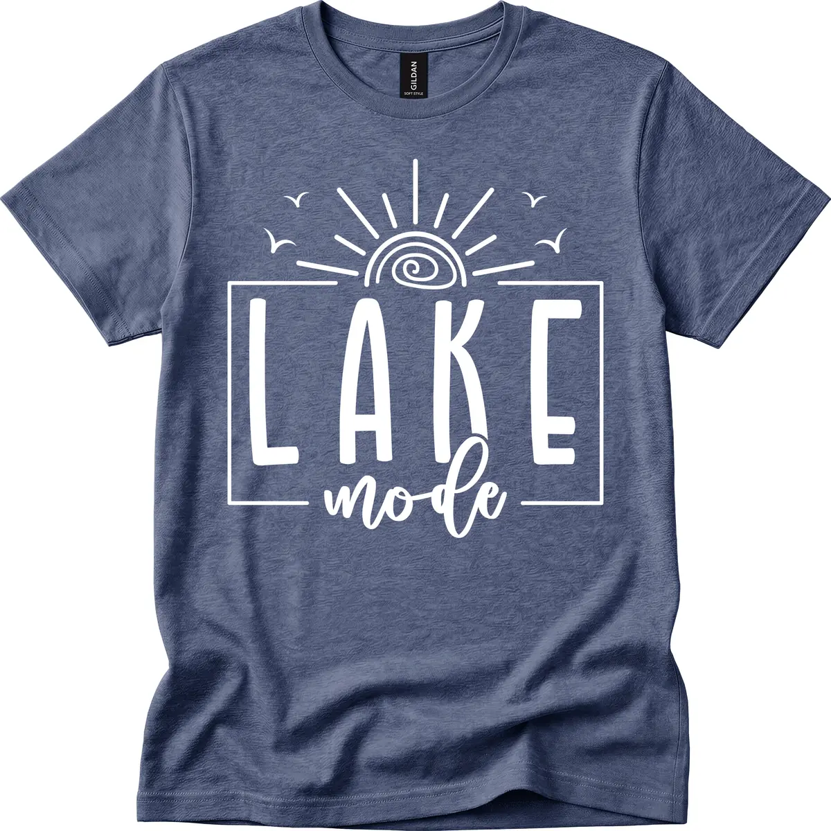 Lake Mode Sun and Birds Design T-Shirt in Heather Navy