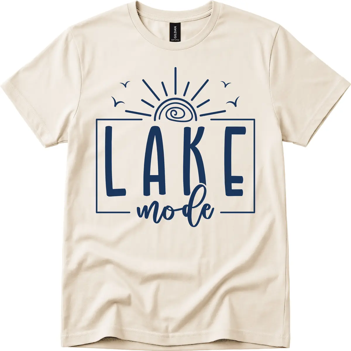 Lake Mode Sun and Birds Design T-Shirt in Natural