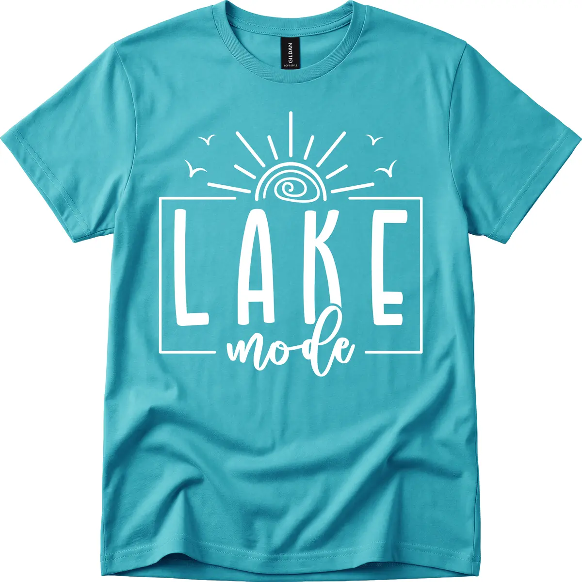 Lake Mode Sun and Birds Design T-Shirt in Tropical Blue