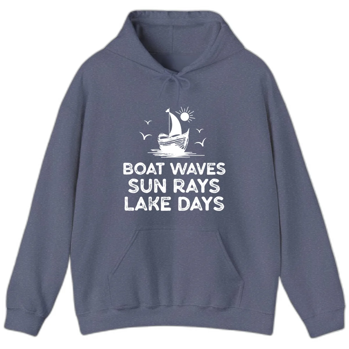 Boat Waves Sun Rays Lake Days Design Hoodie in Heather Navy