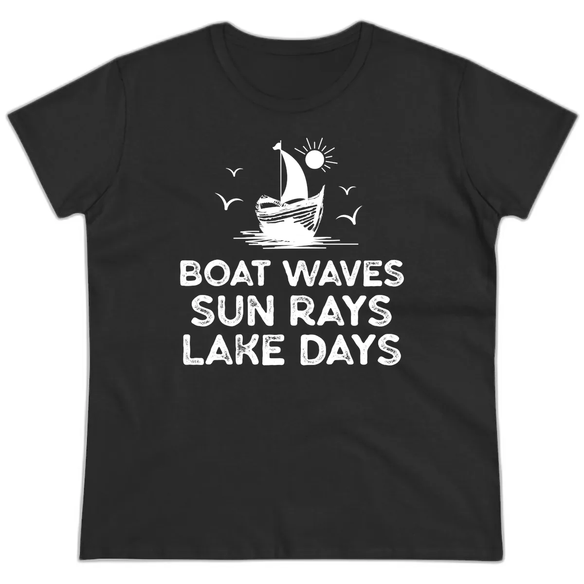 Boat Waves Sun Rays Lake Days Design Ladies Tee in Black