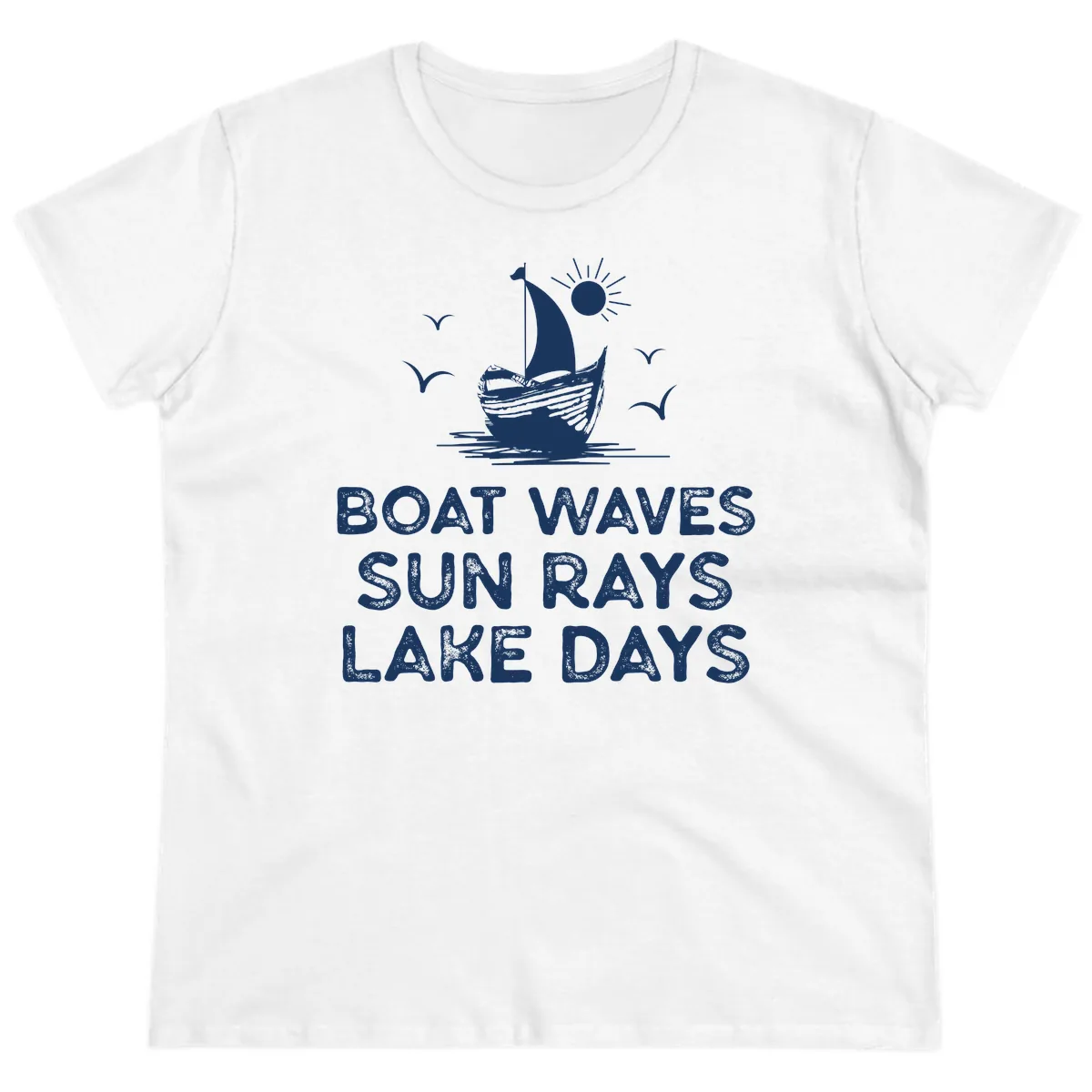 Boat Waves Sun Rays Lake Days Design Ladies Tee in White
