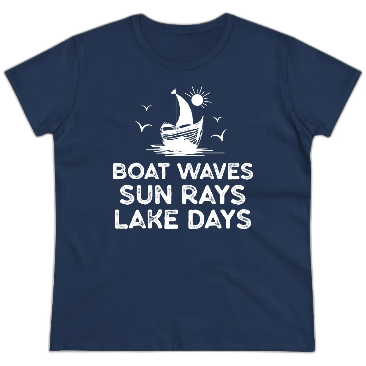Boat Waves Sun Rays Lake Days Design Ladies Tee in Navy