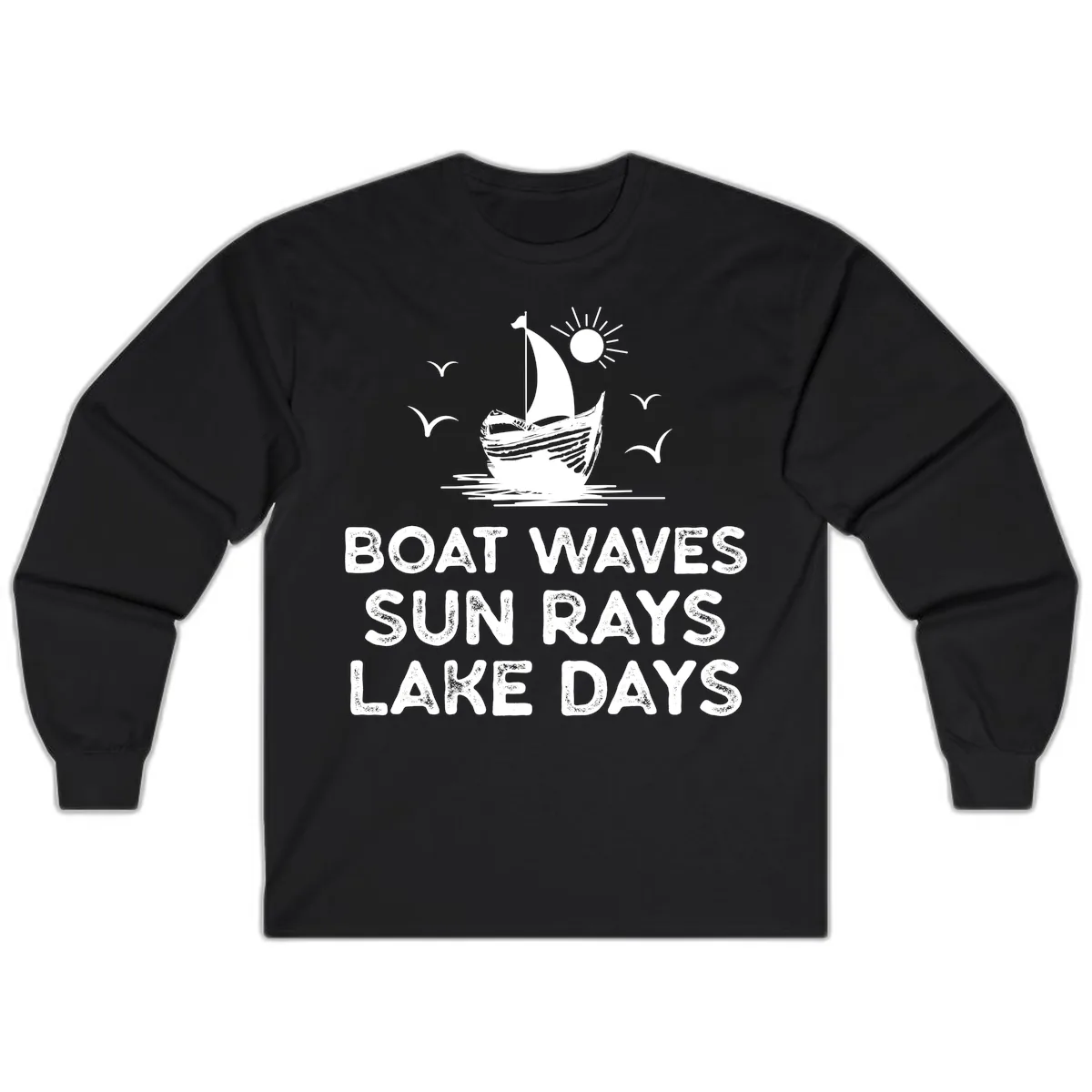 Boat Waves Sun Rays Lake Days Design Long Sleeve in Black