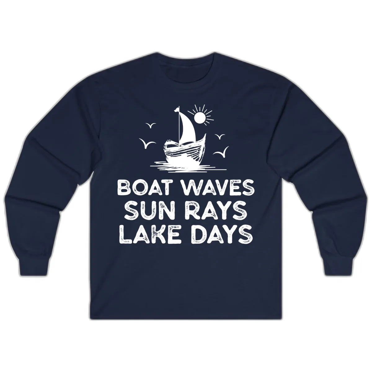 Boat Waves Sun Rays Lake Days Design Long Sleeve in Navy